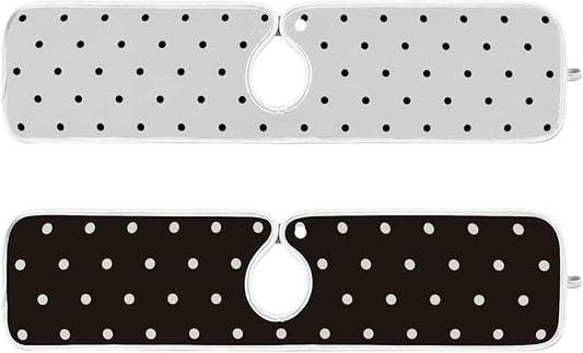 2 PCS Kitchen Sink Splash Guard 23.6 Inch Faucet Mat for Kitchen Sink Bathroom Sink Faucet Absorbing Drip Drain Mat Pad Microfiber Soft Washable Black and White Polka Dot