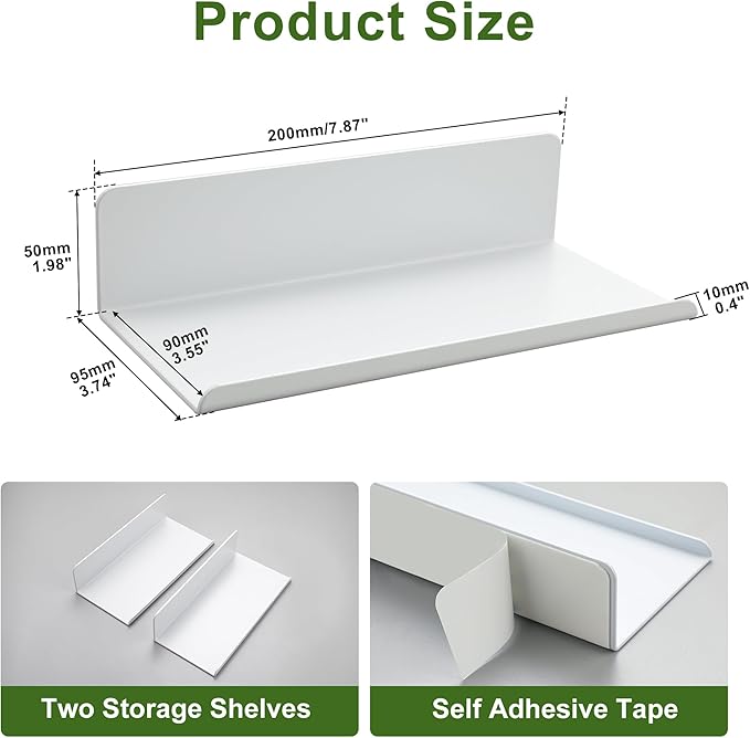 SAYAYO White Floating Shelves for Wall Storage, 8 Inch Adhesive Wall Shelves for Bedroom Decor, Small Display Bathroom Shelf Organizer for Kitchen, Living Room, Office, 2pcs