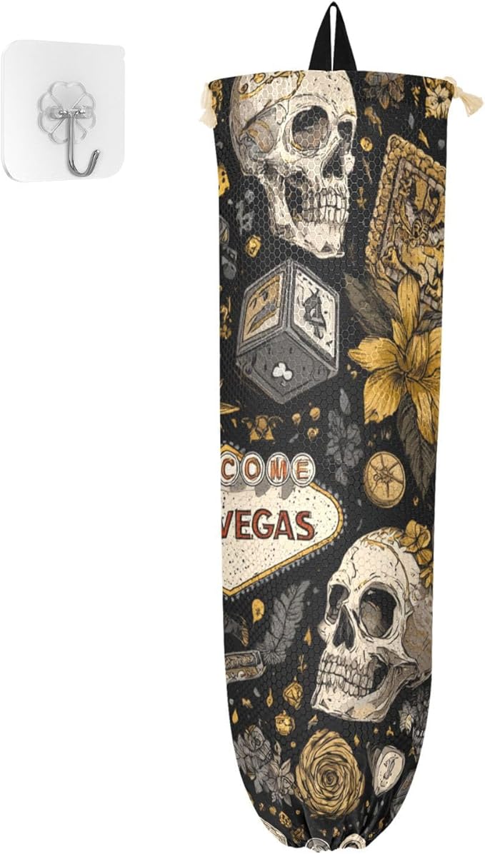 Plastic Bag Holder Wall Mount Grocery Bag Shopping Bag Storage Holder Organizer Dispenser with Adhesive Hook,for Kitchen Bathroom Home Decor 9x22 Inches Vintage Gold Pirate Skulls Flowers Dice15