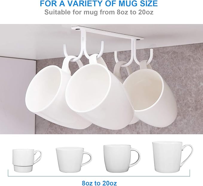 Mug Rack Under Cabinet - Coffee Cup Holder, 8 Mugs Hooks Under Shelf, Display Hanging Cups Drying Hook for Bar Kitchen Utensils White