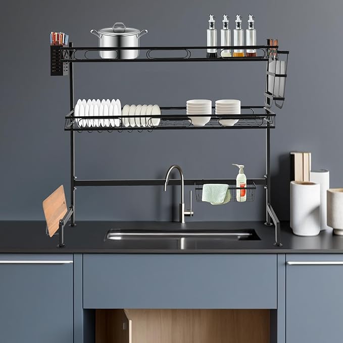 Over The Sink Dish Drying Rack, 2-Tier Carbon Steel Dish Rack with 22.05lbs High Load-Bearing, Adjustable Storage Baskets & Utensil Holders, Black Kitchen Counter Organizer for Space Saving