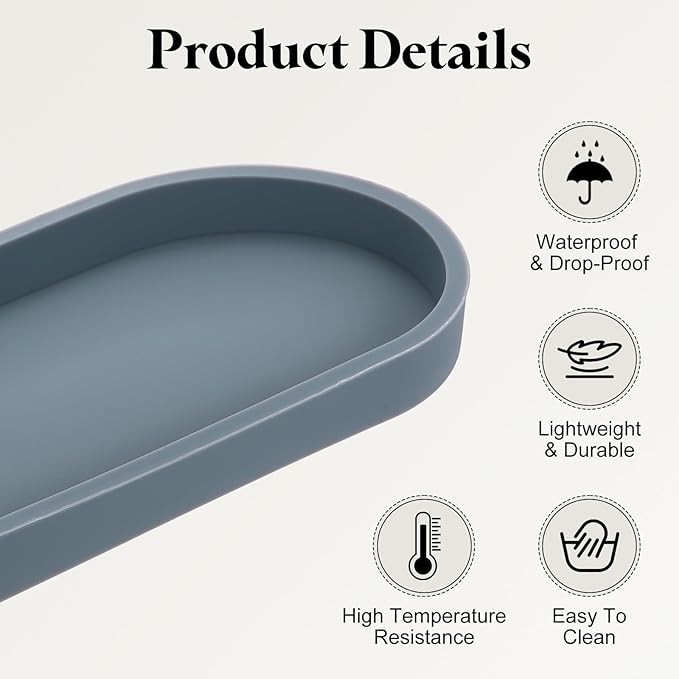 uxcell Bathroom Vanity Tray, 9.8" x 4" Oval Silicone Soap Dispenser Trays, Shatterproof Kitchen Sink Organizer for Soaps Keys Candle Trinket, Gray