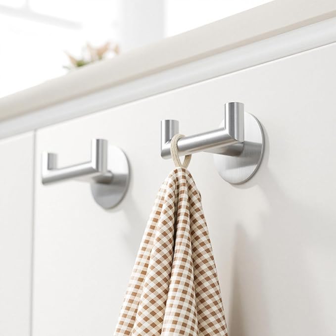 GWAAZXGZ 2 Pack Brushed Nickel Bathroom Hooks for Towels - Self Adhesive Double Hooks for Wall, No Drilling, Stainless Steel 304, Strong Hold for Robes, Coats, Shower Use