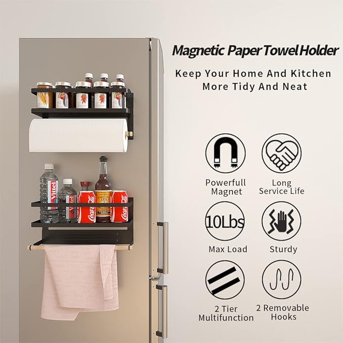 Magnetic Paper Towel Holder for Refrigerator,Magnetic Spice Rack with Paper Towel Rack Storage Organizer Fridge Shelf,Used for Kitchen,Bathroom, Drill Free (B-Black) (Black)