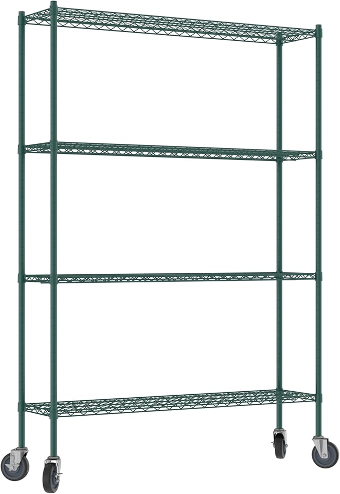 Commercial NSF Listed Green Epoxy Mobile Wire Shelving Kit 14" x 54" x 80", with 4 Shelves Perfect for Warehouse, Walk-in Refrigerator, Freezer, Grocery Store, Restaurant, Dishroom