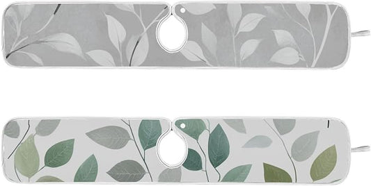 2 PCS Kitchen Sink Splash Guard 30 Inch Faucet Mat for Kitchen Sink Bathroom Sink Faucet Absorbing Drip Drain Mat Pad Microfiber Soft Washable Green and Grey Leaves