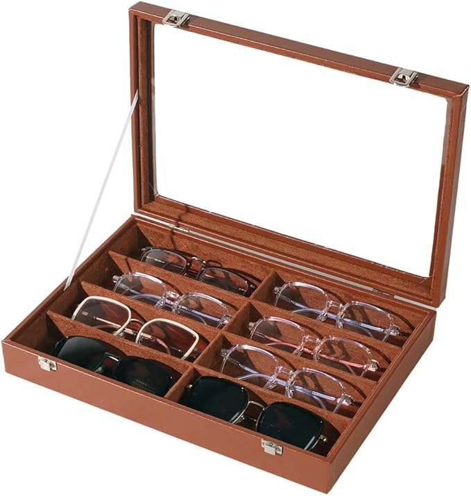 Glasses Holder Box Drawer Sunglass Organizer for Men Clear Wide Storage Case 8 Slots Multiple Reading Glasses Display, Brown Leather With Clear Glass Lid