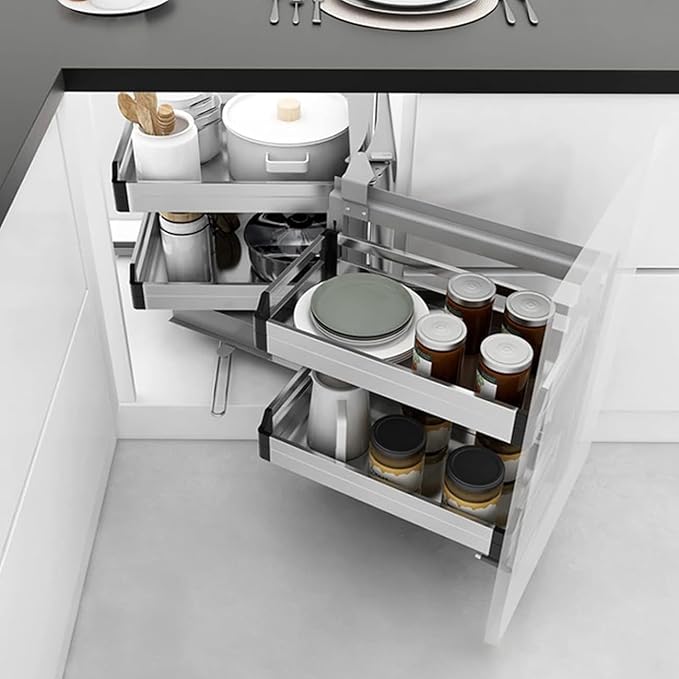4-Shelf Corner Cabinet Pull Out Organizer, 2 Tier Slide Out Kitchen Cabinet Organizer Blind Corner Cabinet Storage Shelf Chrome for Right Handed Open Kitchen Cabinet