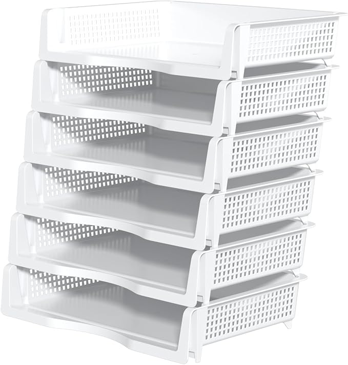 6 Tier Plastic Office Paper Organizer Trays, Stackable Desk Tray for Letter Documents, White