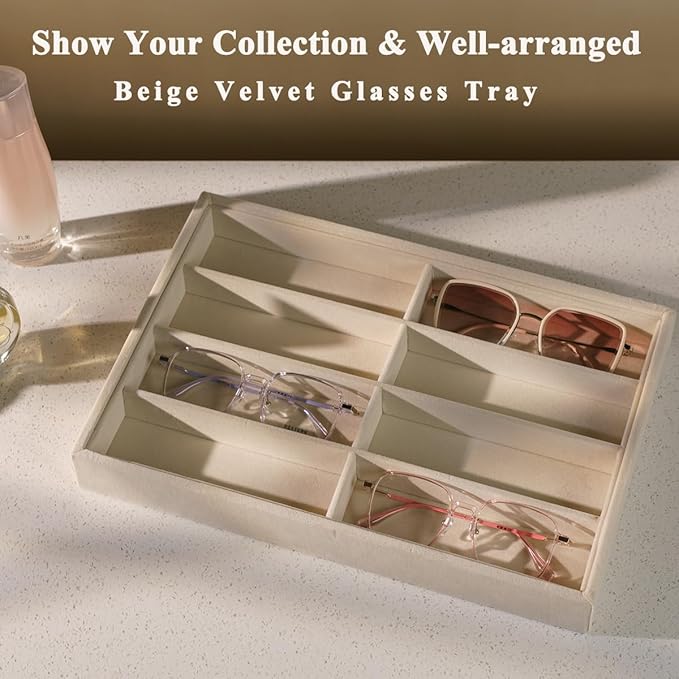 Glasses Holder Box Drawer Sunglass Organizer for Men Clear Wide Storage Case 8 Slots Multiple Reading Glasses Display, Beige Velvet
