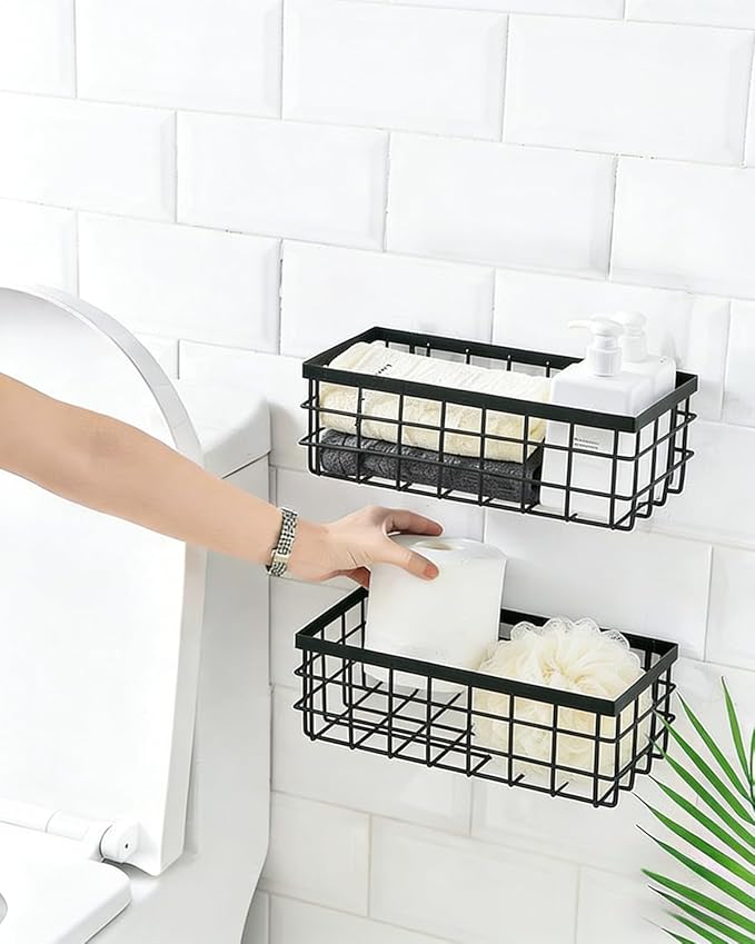 YICKHEWEN Hanging Wire Storage Baskets, Metal Wall Organizer, Adhesive Wall Storage Shelves for Kitchen, Bathroom Pantry (Spice Rack, Cabinet Organizer, Shower Caddy) Black-2 Packs