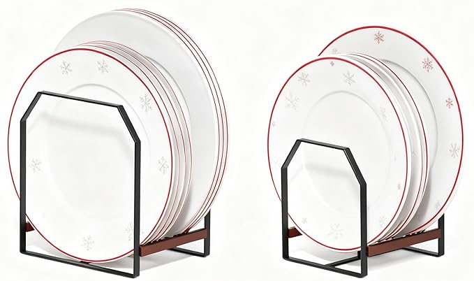 2 Pack Kitchen Plate Organizer with Large & Small Holders, Metal Dish Racks for Compact Homes and Cabinets, Black (1 Large + 1 Small)
