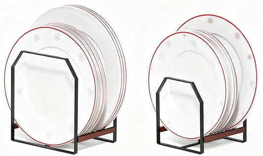 2 Pack Kitchen Plate Organizer with Large & Small Holders, Metal Dish Racks for Compact Homes and Cabinets, Black (1 Large + 1 Small)