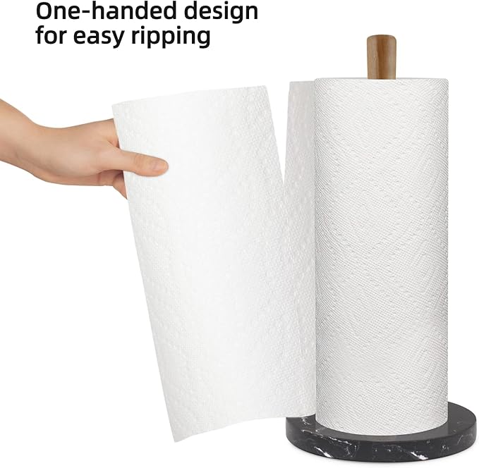 Buruis Wood Paper Towel Holder, Marble Base Modern Decorative Countertop Standing Rolls Holder for Kitchen, Toilet, Pantry and Bathroom (Marble Base Black)