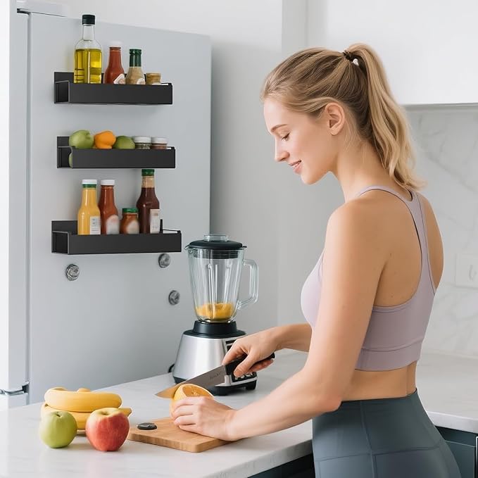 6 Pack Magnetic Spice Rack Organizer for Refrigerator and Oven, Movable Magnetic Hanging Kitchen Spice Rack with 6 Hooks, Black