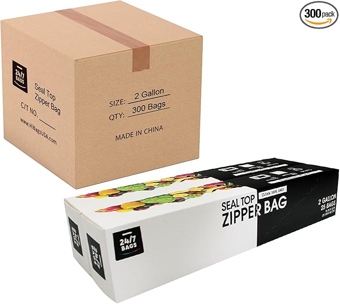 24/7 Bags- 2 Gallon Zip Storage Bags, Case Pack, 300 Count, Double Zipper Seal, Easy Grip Open Tabs, Write-On Space, BPA-Free & Heavy Duty, 12 Boxes of 25