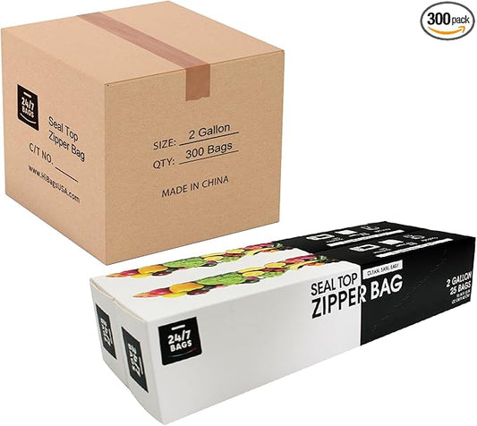 24/7 Bags- 2 Gallon Zip Storage Bags, Case Pack, 300 Count, Double Zipper Seal, Easy Grip Open Tabs, Write-On Space, BPA-Free & Heavy Duty, 12 Boxes of 25