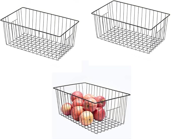 Y.Z.Bros 16inch Freezer Wire Storage Organizer Baskets, Household Refrigerator Bins with Built-in Handles for Cabinet, Pantry, Closet, Bedroom