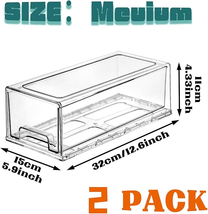 PiJeyiee 2 Pack Clear Stackable Refrigerator Organizers and Storage Drawers - Pull-Out Fridge Bins with Anti-Slip Base & Easy Clean, Plastic Organizers for Kitchen Pantry Cabinet Closet (Medium)