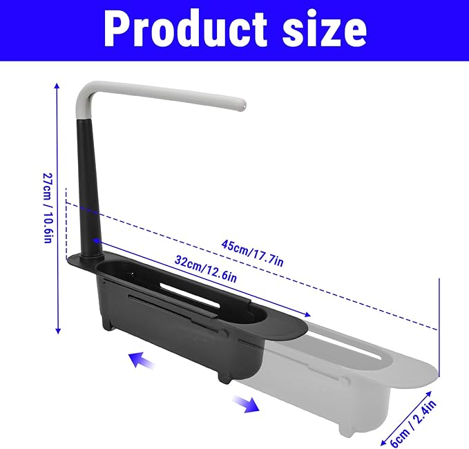 Telescopic Kitchen Over Sink Organizer with Towel Hanger, 2-in-1 Retractable Sink Drainer with Bracket and Crossbar Adjustable Expandable Sink Caddy Large Capacity for Kitchen Sink(Black)