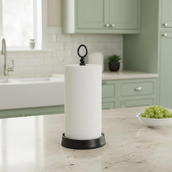 Paper Towel Holder (with Heavy Weighted Base) Steel Paper Holder countertop，Black Paper Towel Holder for Kitchen Countertops, Bars & Dining Tables,Fits Standard & Jumbo Rolls, Matte Black