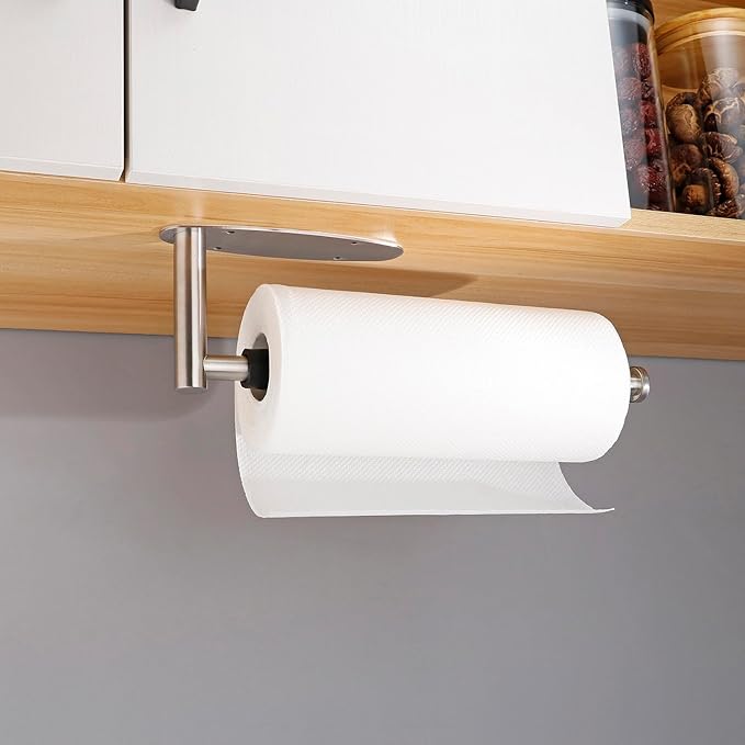 Single Hand Operable Paper Towel Holder Under Cabinet with Damping Effect, Self Adhesive Paper Towel Roll Holder Wall Mounted for Kitchen Bathroom, SUS304 Stainless Steel Brushed Nickel
