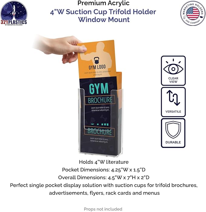 4 Pack Suction Cup Trifold Brochure Holder for 4" Rack Cards Maps and Printed Literature Glass Walls or Window Mounting in Auto Shops Retail Shops or Big Box Stores by Marketing Holders