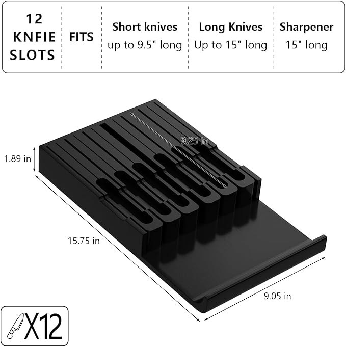 Domax Bamboo In-drawer Knife Block - Knife Drawer Organizer Insert Large Handle Steak Knife Holder, Kitchen Drawer Knife Organizer Fits for 12 knives and 1 Sharpening Steel (Not Included), Black