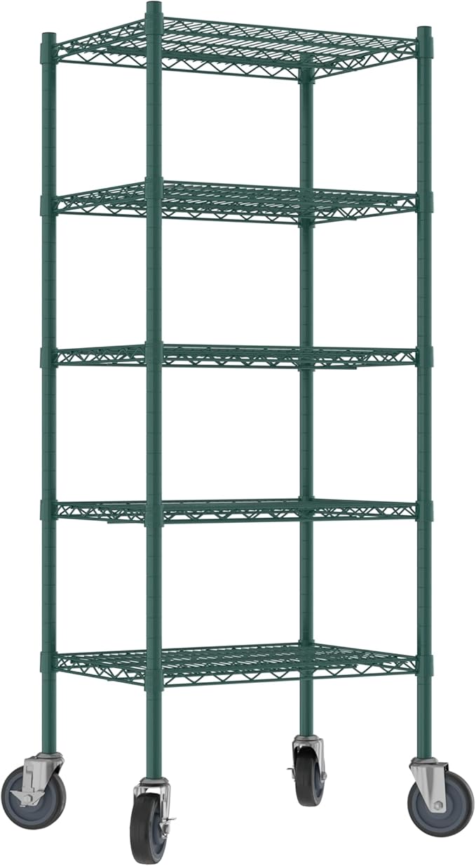 Commercial NSF Listed Green Epoxy Mobile Wire Shelving Kit 18" x 24" x 60", with 5 Shelves Perfect for Warehouse, Walk-in Refrigerator, Freezer, Grocery Store, Restaurant, Dishroom