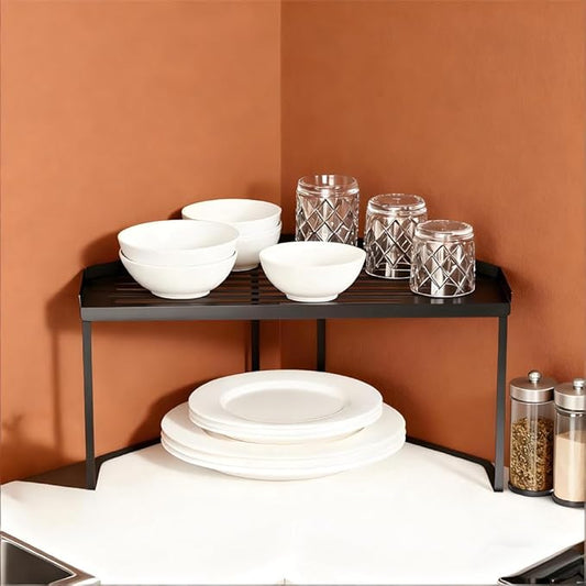 AKAZA 2-Tier Black Corner Shelf Organizer, Stackable Metal Kitchen Cabinet Shelf with Non-Slip Mat, Storage Rack for Bathroom, Countertop, Utensils & Cabinet Organization