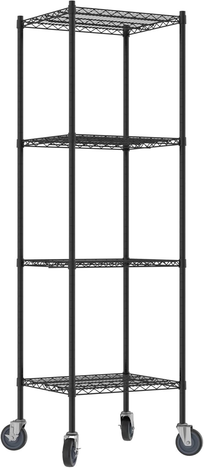 Commercial NSF Listed Black Epoxy Mobile Wire Shelving Kit 21" x 24" x 80", with 4 Shelves Perfect for Warehouse, Walk-in Refrigerator, Freezer, Grocery Store, Restaurant, Dishroom