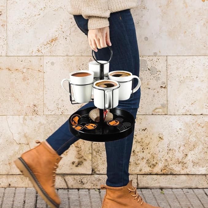 4 Mugs Stand Holder, Rotatable Metal Coffee & Beer Mug Rack with Tray Cups Drink Stand for Parties Countertop