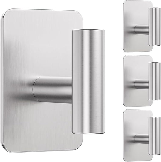Eowihor Heavy Duty Adhesive Hooks - 26lb Max, Sticky Wall Hooks Waterproof Stainless Steel for Hanging Towel, Coat, Robe, Towel Hooks Stick on Bathroom, Kitchen, Shower, Door (Silver, 4 Pack)