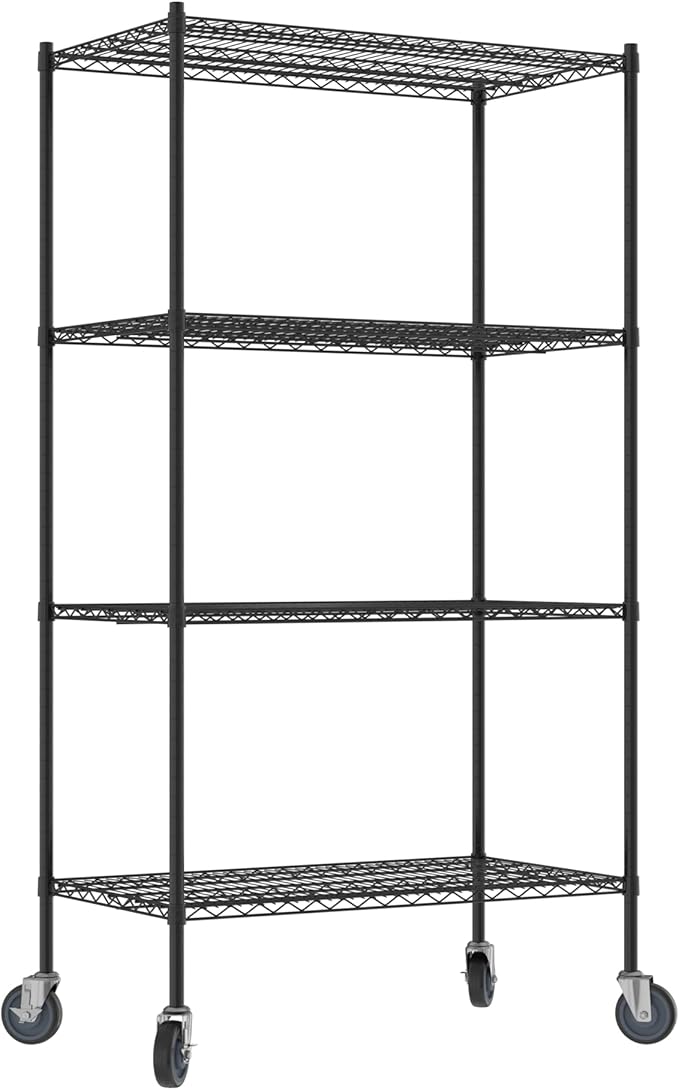 Commercial NSF Listed Black Epoxy Mobile Wire Shelving Kit 24" x 42" x 80", with 4 Shelves Perfect for Warehouse, Walk-in Refrigerator, Freezer, Grocery Store, Restaurant, Dishroom