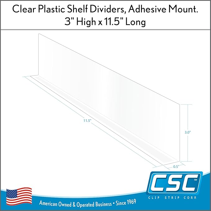 Clip Strip Shelf Dividers for Retail Stores - Lightweight, Clear Adhesive Mount 3" H x 11-9/16" L Corp., 20 mil Crystal Clear PVC, Retail Shelf Separator, Item SD-3012, Pack of 50