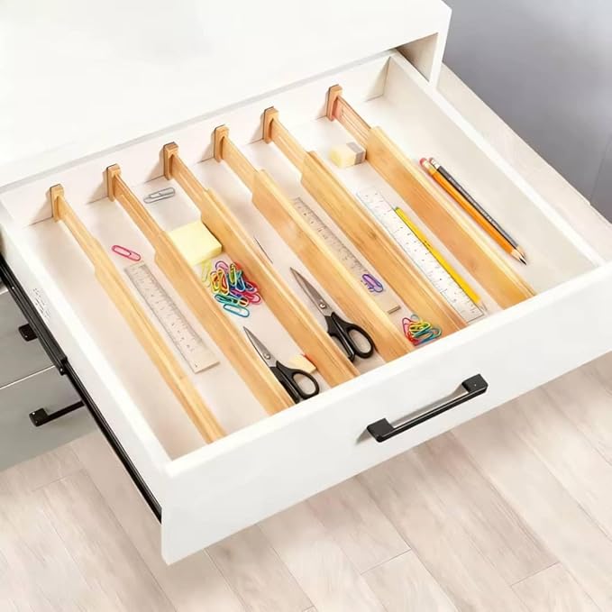 Bamboo Drawer Dividers – Adjustable Expandable Drawer Organizer, 6-Pack Bamboo Separators for Kitchen, Dresser, Clothes, Utensils & Home Organization