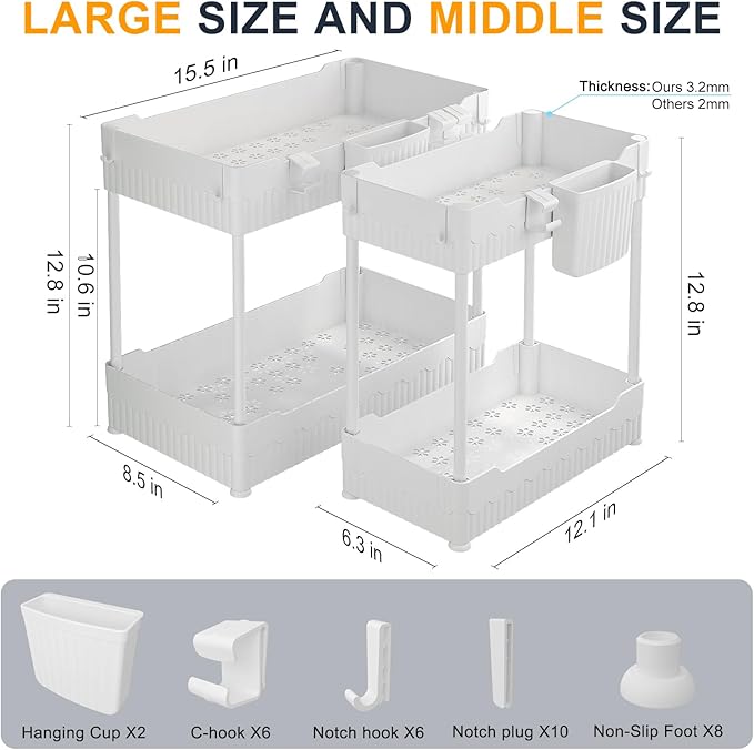 Sevenblue 2 Pack Under Sink Organizer, Under Bathroom Cabinet Organizer with Hooks Hanging Cup, Multi-Purpose Storage Shelf for Kitchen Bathroom (White, L)
