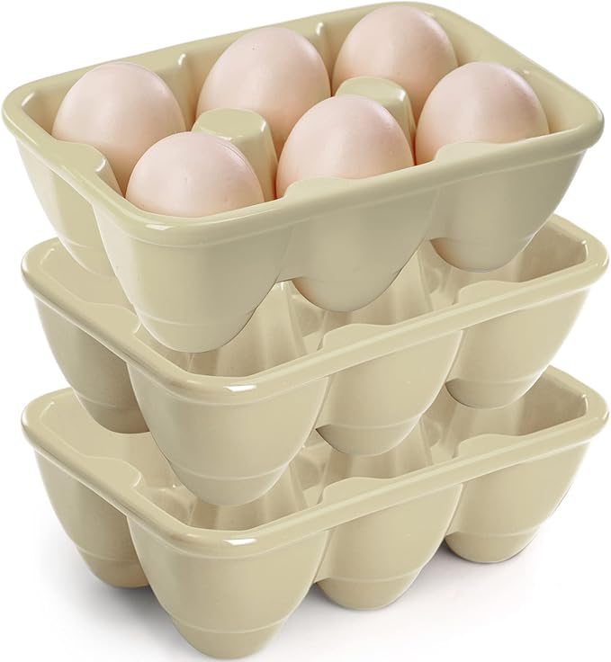 DEAYOU 3-Pack 18 Cups Ceramic Egg Tray, 6-Cup Porcelain Egg Holder Container, Decorative Egg Keeper Storage Organizer, Small Egg Dispenser Serveware for Countertop, Fridge, Serving, Kitchen, Yellow