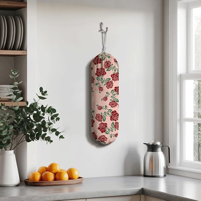 Red Rose Grocery Bag Holder, Trash Grocery Bag Storage Dispenser, Shopping Trash Bags Organizer, Decorative Plastic Bags Holder for Wall Decor, Kitchen Housewarming Gifts for Women