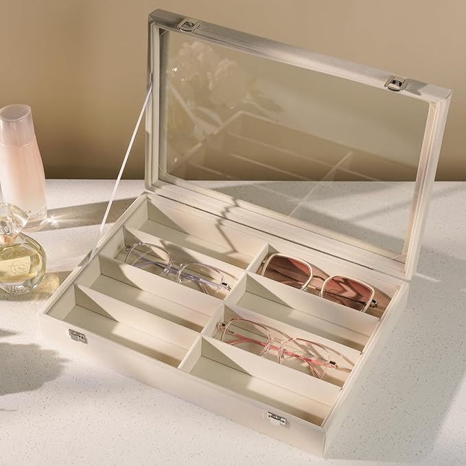 Glasses Holder Box Drawer Sunglass Organizer for Men Clear Wide Storage Case 8 Slots Multiple Reading Glasses Display, Beige Velvet With Clear Glass Lid