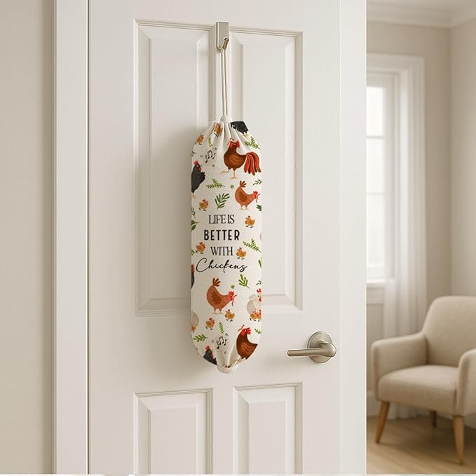 Farmhouse Plastic Bag Holder for Kitchen Essentials, Life Is Better with Chickens Plastic Bags Holder, Reusable Hanging Trash Sack Dispenser, Wall Mount Plastics Sack Storage Container Dispenser