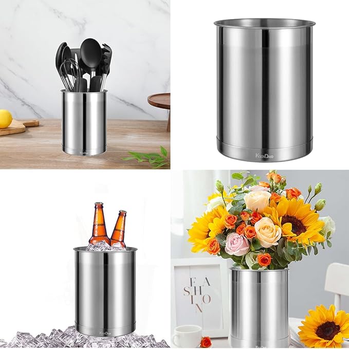 KSENDALO Stainless Steel Utensil Holder for Counter(3Pack), Brushed Silver Metal Utensil Crock Canister for Cooking Utensils on Countertop, with Heavy Base, Dishwasher Safe, Silver