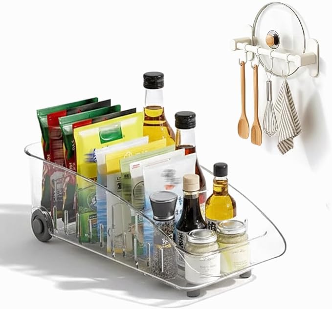 Refrigerator Organizer Bin with Wheels and Adhesive Utensil Holder Wall Mount Kitchen Rack Rail with 4 Hooks, Roll Out Pantry Storage with Dividers, Fridge Organizers and Storage