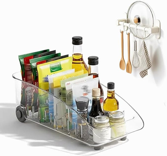 Refrigerator Organizer Bin with Wheels and Adhesive Utensil Holder Wall Mount Kitchen Rack Rail with 4 Hooks, Roll Out Pantry Storage with Dividers, Fridge Organizers and Storage