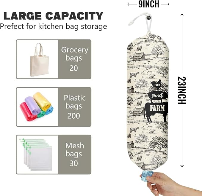 Grocery Bag Holder and Dispenser Cow Rooster Pig Plastic Bags Organizer Garbage Shopping Trash Bags Storage for Kitchen Farmhouse Home Decor Gifts for Women Mom Grandma