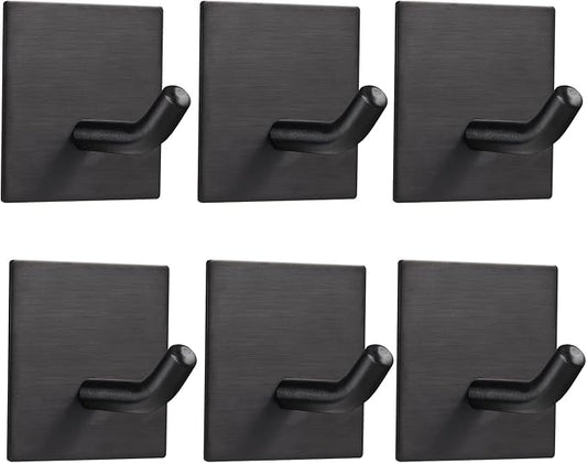 FOMANSH Heavy Duty Adhesive Hooks, Stick on Wall Adhesive Hangers, Strong Stainless Steel Holder, Self Adhesive Hooks for Kitchen Bathroom Home Door Towel Coat Key Robe 6 Packs Black