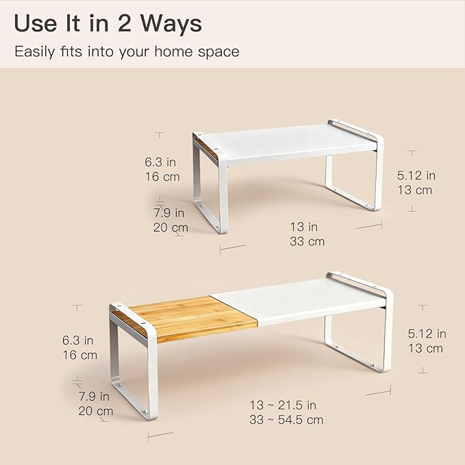 Cabinet Shelf Organizer, Expandable Riser for Kitchen Counter, Stackable Shoe Shelf Entryway, Bamboo Cupboard Pantry Rack, Bathroom Storage (Natural Bamboo & White, 1 Pack)