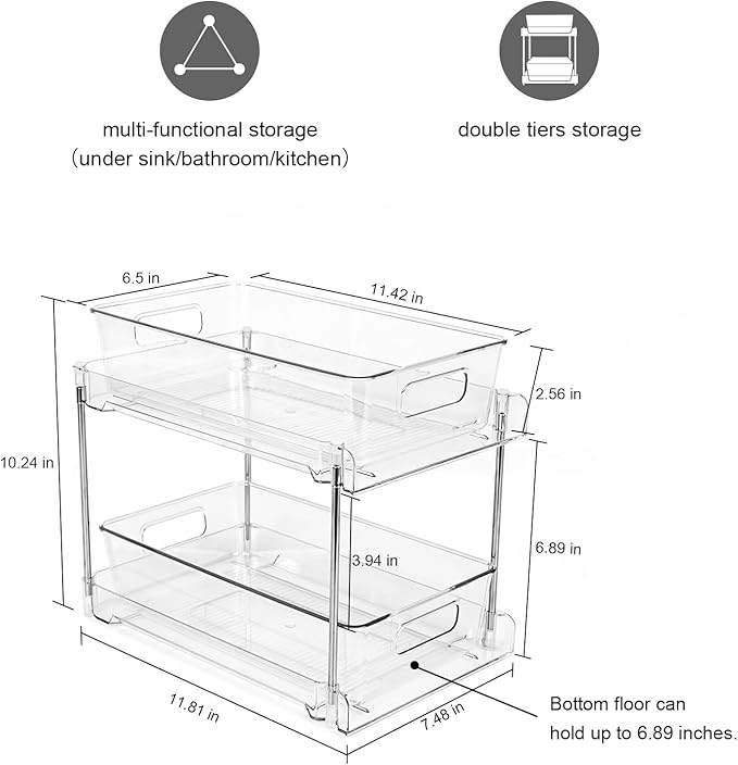 1 Pack 2-Tier Bathroom Organizers and Storage, Clear Under Sink Organizer Vanity Countertop Storage Pantry Organizers, Pull-Out Cabinet Organizer With Track For Bathroom, Kitchen, Pantry
