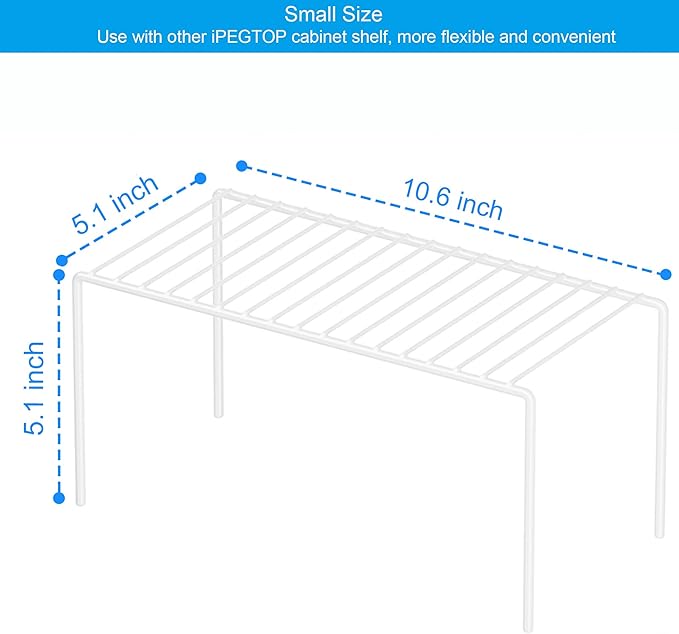 iPEGTOP Set of 4 Kitchen Cupboard Organiser Shelf, Small Size 10.6 x 5.1 Inch Freezer Cabinet Organization Storage Shelf Wire Rack, Steel Metal Shelves for Fridge Pantries Countertops Utensils -White