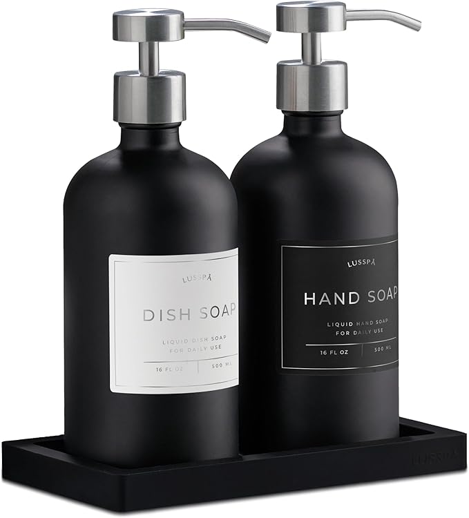 Lotion, Hand & Dish Soap Dispenser for Kitchen & Bathroom | Soap Dispenser Set of 2 16.8 Oz Glass Bottles with Stainless Steel Pump, 15 Water Proof Labels & Silicon Tray (Black/Silver)
